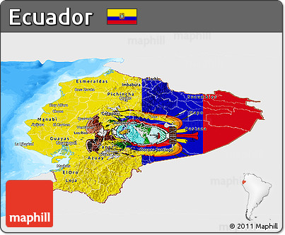 Flag Panoramic Map of Ecuador, single color outside, bathymetry sea, flag aligned to the middle