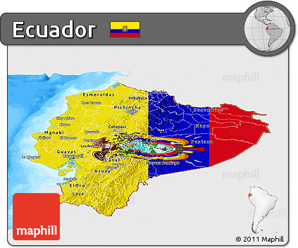Flag Panoramic Map of Ecuador, single color outside, bathymetry sea, flag rotated