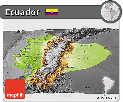 Physical Panoramic Map of Ecuador, darken, desaturated
