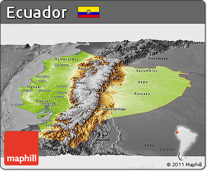 Physical Panoramic Map of Ecuador, darken, desaturated