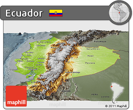 Physical Panoramic Map of Ecuador, darken, semi-desaturated