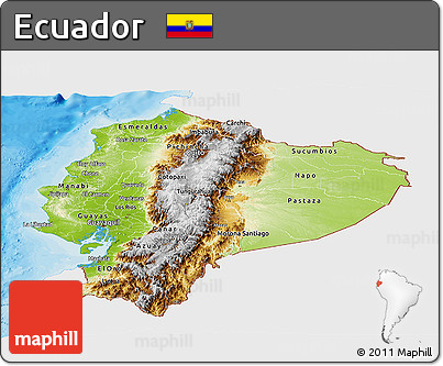 Physical Panoramic Map of Ecuador, single color outside, bathymetry sea, shaded relief sea