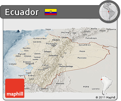 Shaded Relief Panoramic Map of Ecuador, semi-desaturated
