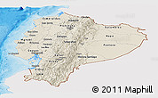 Shaded Relief Panoramic Map of Ecuador, single color outside, bathymetry sea, shaded relief sea