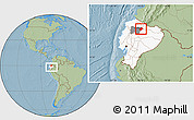 Savanna Style Location Map of Cayambe, highlighted country, highlighted parent region, within the entire country, hill shading