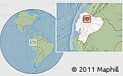 Savanna Style Location Map of Quito, highlighted country, highlighted parent region, within the entire country, hill shading