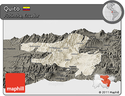 Shaded Relief Panoramic Map of Quito, darken