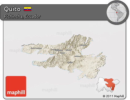 Shaded Relief Panoramic Map of Quito, single color outside
