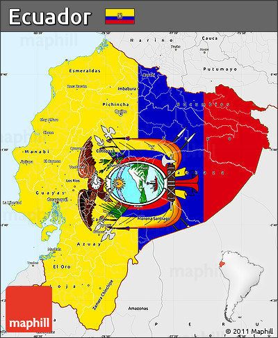 Flag Simple Map of Ecuador, single color outside, borders and labels, flag aligned to the middle