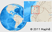 Shaded Relief Location Map of Zona No Delimtda, within the entire country
