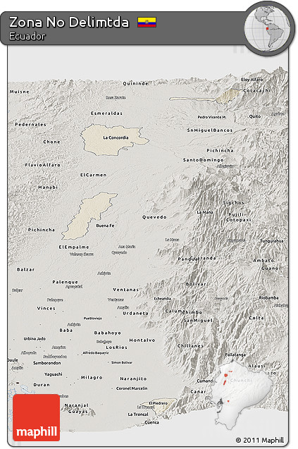 Shaded Relief Panoramic Map of Zona No Delimtda, semi-desaturated