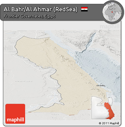 Shaded Relief Panoramic Map of Al Bahr/Al Ahmar (RedSea), lighten, semi-desaturated