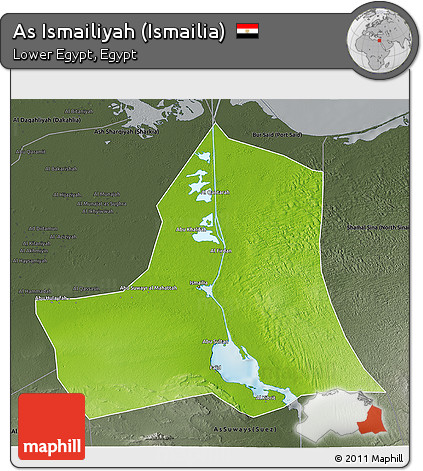 Physical 3D Map of As Ismailiyah (Ismailia), darken, semi-desaturated
