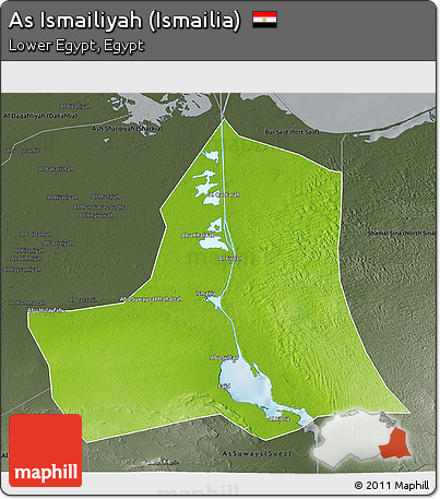 Physical 3D Map of As Ismailiyah (Ismailia), darken, semi-desaturated