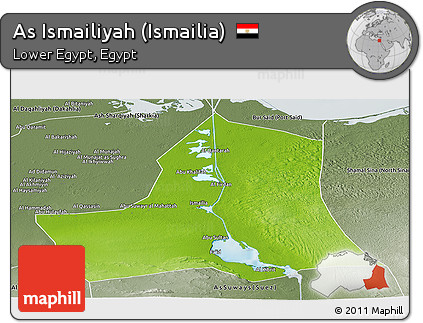 Physical Panoramic Map of As Ismailiyah (Ismailia), semi-desaturated