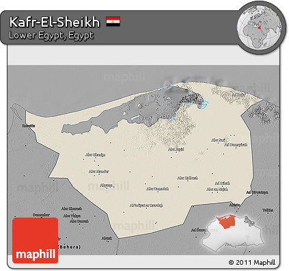 Shaded Relief 3D Map of Kafr-El-Sheikh, darken, desaturated