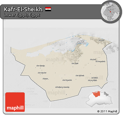 Shaded Relief 3D Map of Kafr-El-Sheikh, lighten, desaturated