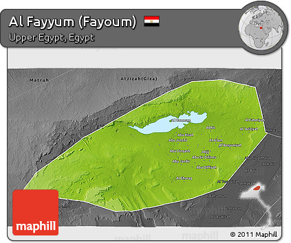 Physical 3D Map of Al Fayyum (Fayoum), darken, desaturated