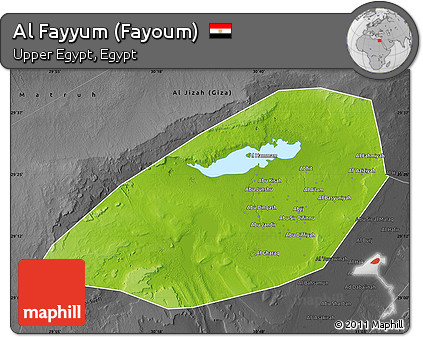 Physical Map of Al Fayyum (Fayoum), darken, desaturated