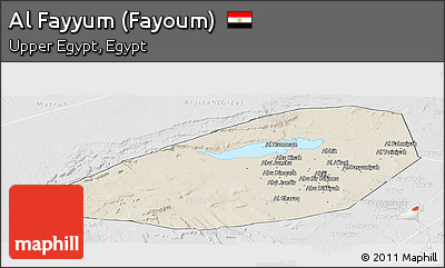 Shaded Relief Panoramic Map of Al Fayyum (Fayoum), lighten, desaturated