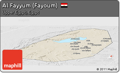 Shaded Relief Panoramic Map of Al Fayyum (Fayoum), lighten, desaturated