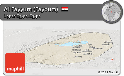 Shaded Relief Panoramic Map of Al Fayyum (Fayoum), lighten, semi-desaturated