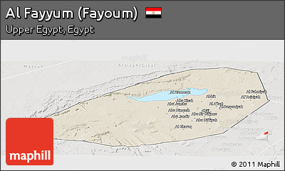 Shaded Relief Panoramic Map of Al Fayyum (Fayoum), lighten, semi-desaturated