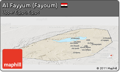 Shaded Relief Panoramic Map of Al Fayyum (Fayoum), lighten, semi-desaturated