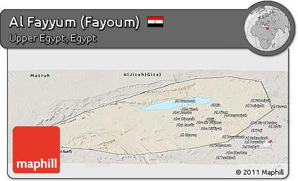 Shaded Relief Panoramic Map of Al Fayyum (Fayoum), semi-desaturated