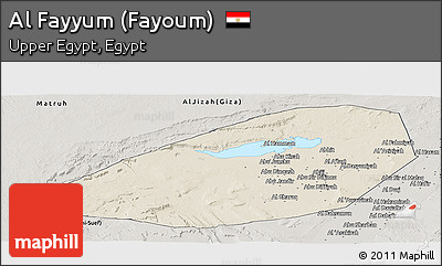 Shaded Relief Panoramic Map of Al Fayyum (Fayoum), semi-desaturated
