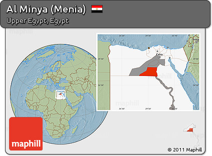 Savanna Style Location Map of Al Minya (Menia), highlighted country, highlighted parent region, hill shading
