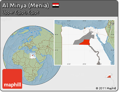 Savanna Style Location Map of Al Minya (Menia), highlighted country, highlighted parent region, hill shading