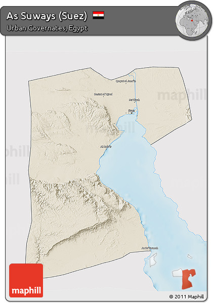 Shaded Relief 3D Map of As Suways (Suez), single color outside