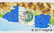 Flag 3D Map of El Salvador, physical outside, bathymetry sea, flag aligned to the middle