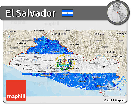 Flag 3D Map of El Salvador, shaded relief outside, bathymetry sea, flag centered