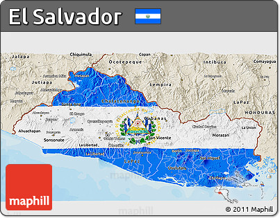 Flag 3D Map of El Salvador, shaded relief outside, bathymetry sea, flag centered