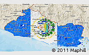 Flag 3D Map of El Salvador, shaded relief outside, bathymetry sea, flag aligned to the middle