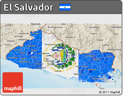 Flag 3D Map of El Salvador, shaded relief outside, flag aligned to the middle