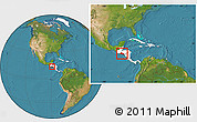 Satellite Location Map of El Salvador, highlighted continent, within the entire continent