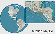 Satellite Location Map of El Salvador, lighten, semi-desaturated, land only
