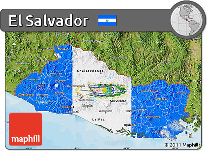 Flag Map of El Salvador, satellite outside, bathymetry sea, flag rotated