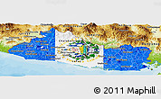 Flag Panoramic Map of El Salvador, physical outside, bathymetry sea, flag aligned to the middle
