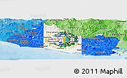 Flag Panoramic Map of El Salvador, political shades outside, flag aligned to the middle