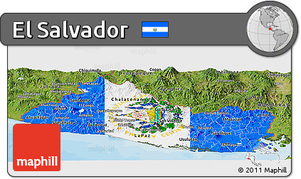 Flag Panoramic Map of El Salvador, satellite outside, bathymetry sea, flag aligned to the middle