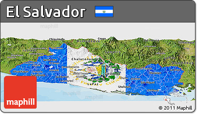 Flag Panoramic Map of El Salvador, satellite outside, bathymetry sea, flag aligned to the middle