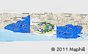 Flag Panoramic Map of El Salvador, shaded relief outside, bathymetry sea, flag aligned to the middle