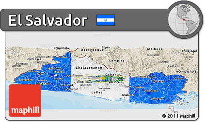 Flag Panoramic Map of El Salvador, shaded relief outside, bathymetry sea, flag rotated