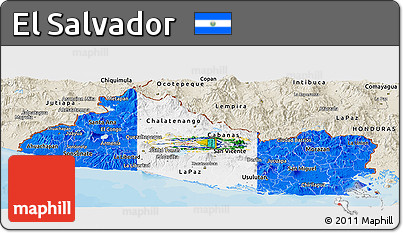 Flag Panoramic Map of El Salvador, shaded relief outside, bathymetry sea, flag rotated