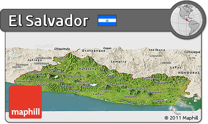 Satellite Panoramic Map of El Salvador, shaded relief outside, satellite sea