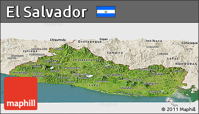 Satellite Panoramic Map of El Salvador, shaded relief outside, satellite sea